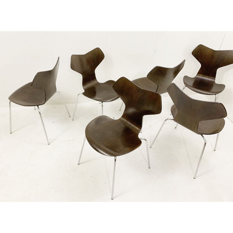 Conjunto de 6 cadeiras de madeira e metal vintage de Arne Jacobsen para Fritz Hansen, Dinamarca 1960