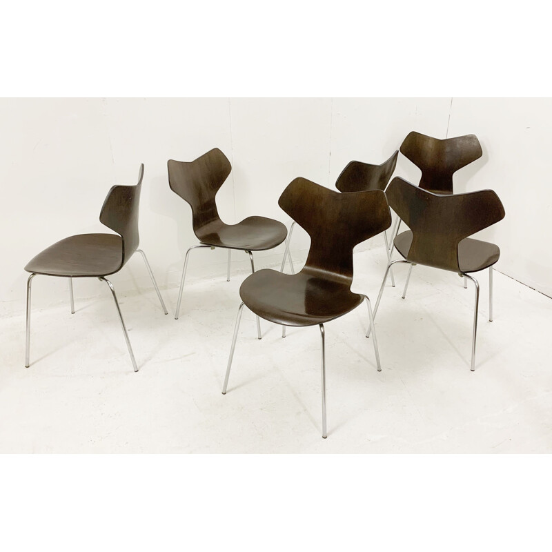 Set of 6 mid-century wood and metal dining chairs by Arne Jacobsen for Fritz Hansen, Denmark 1960s
