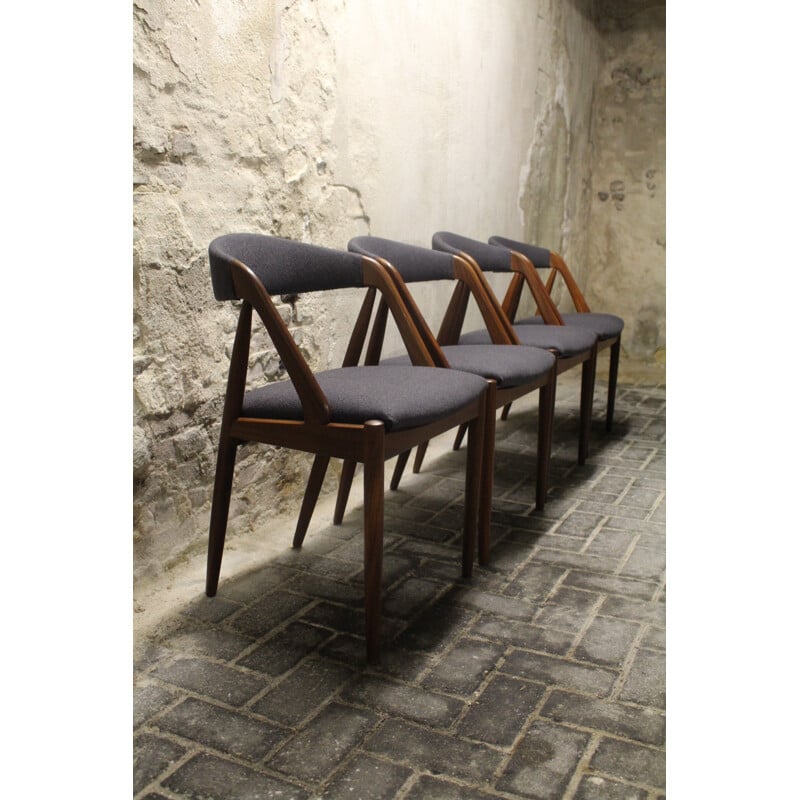 Set of 4 Schou Andersen chairs in rosewood and grey fabric, Kai KRISTIANSEN - 1950s