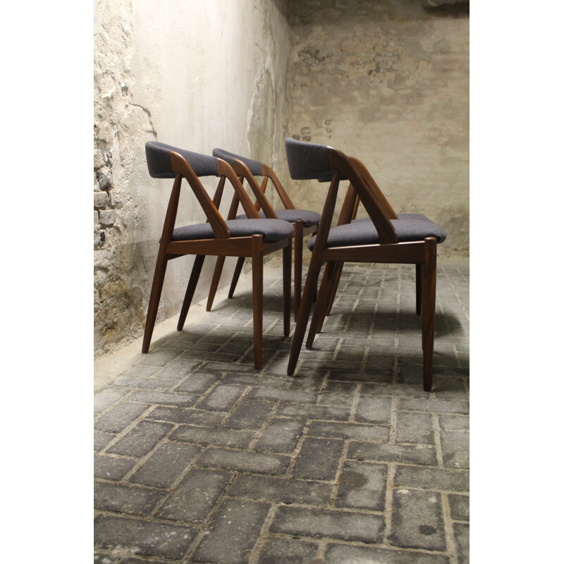 Set of 4 Schou Andersen chairs in rosewood and grey fabric, Kai KRISTIANSEN - 1950s