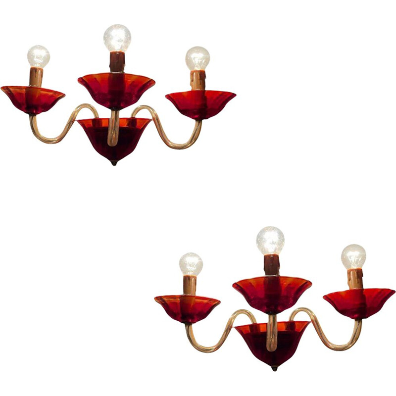 Applique vintage italienne en verre de Murano rouge rubis, 1960