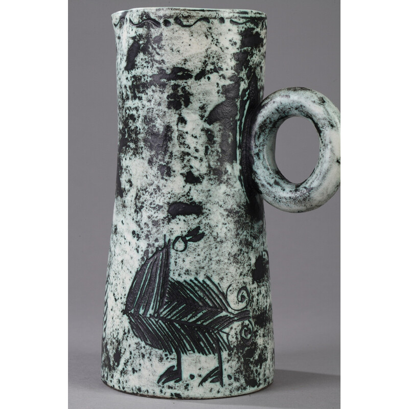 Enamelled ceramic pitcher with bird patterns, Jacques BLIN - 1950s