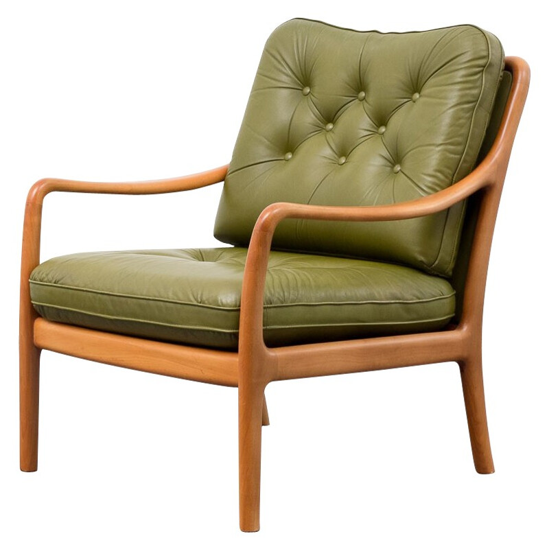 Mid century modern armchair in cherry-wood and leather - 1960s