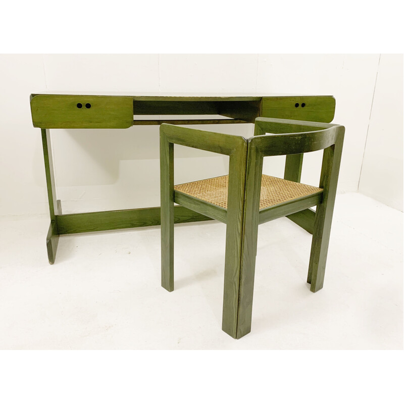 Mid-century green wooden desk with chair by Derk Jan de Vries, Netherlands 1960s