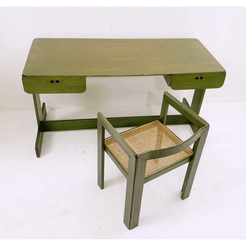 Bureau vintage en bois vert avec chaise par Derk Jan de Vries, Pays-Bas 1960
