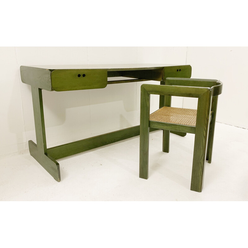 Mid-century green wooden desk with chair by Derk Jan de Vries, Netherlands 1960s