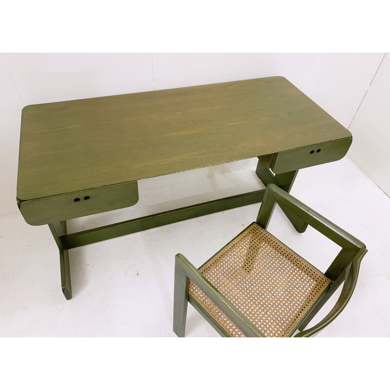 Escritorio vintage de madera verde con silla de Derk Jan de Vries, Países Bajos 1960