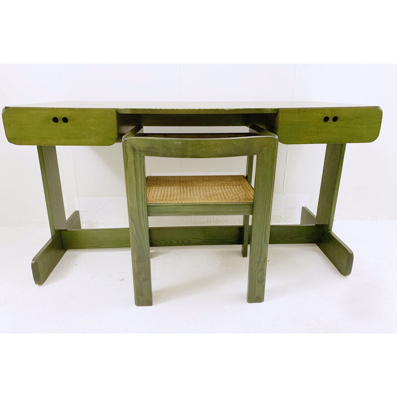 Mid-century green wooden desk with chair by Derk Jan de Vries, Netherlands 1960s