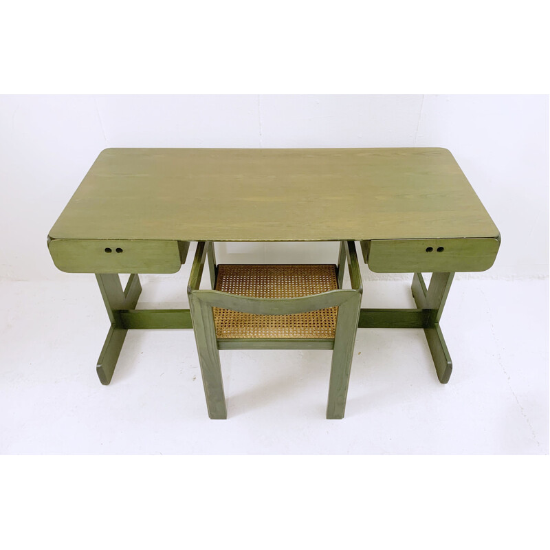 Vintage groen houten bureau met stoel van Derk Jan de Vries, Nederland 1960