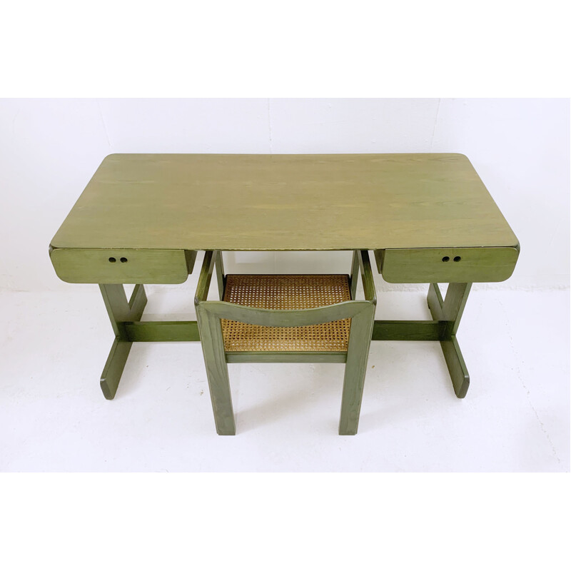 Mid-century green wooden desk with chair by Derk Jan de Vries, Netherlands 1960s