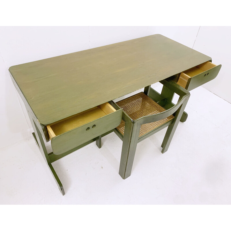 Mid-century green wooden desk with chair by Derk Jan de Vries, Netherlands 1960s