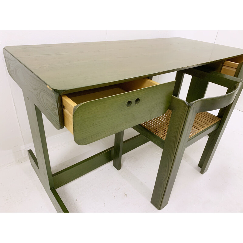 Mid-century green wooden desk with chair by Derk Jan de Vries, Netherlands 1960s