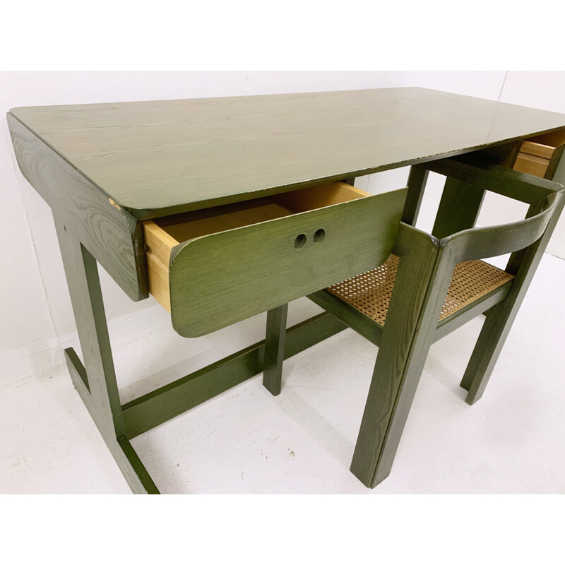 Vintage-Schreibtisch aus grünem Holz mit Stuhl von Derk Jan de Vries, Niederlande 1960