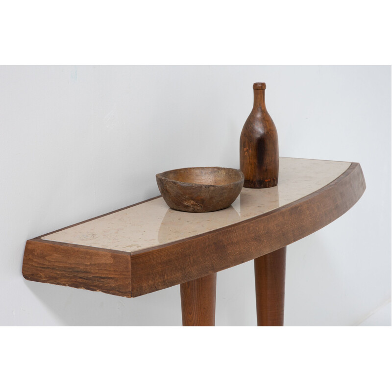 Vintage travertine & wood console table, 1960s