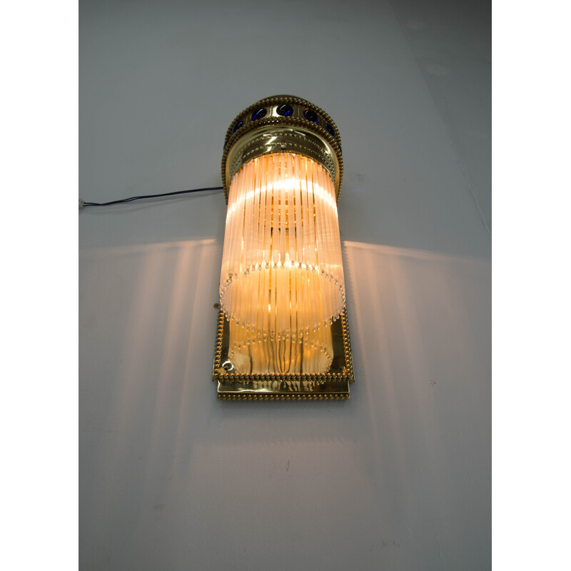 Vintage Art Nouveau brass and crystal wall lamp, 1910s