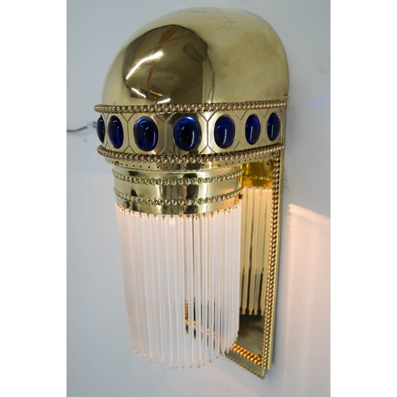 Vintage Art Nouveau brass and crystal wall lamp, 1910s