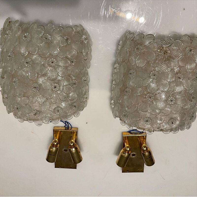 Pair of vintage Italian Murano glass flower wall lamps by Seguso