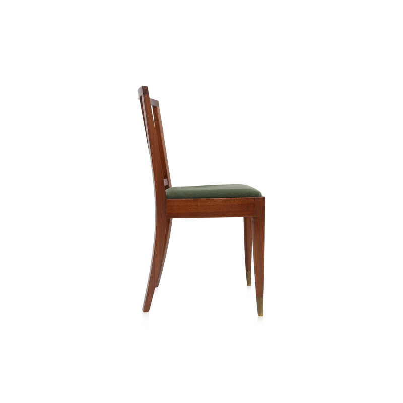 Suite de 6 chaises belges en acajou et velours vert, DE COENE FRÈRES - 1950