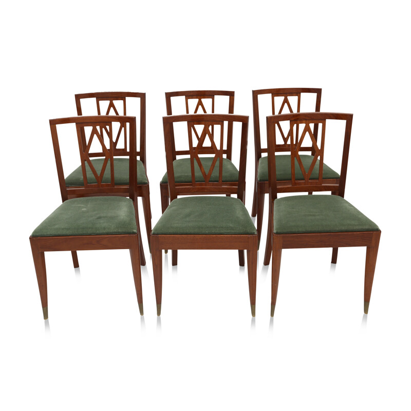 Set of 6 Belgian dining chairs in mahogany and green velvet, DE COENE BROTHERS - 1950s