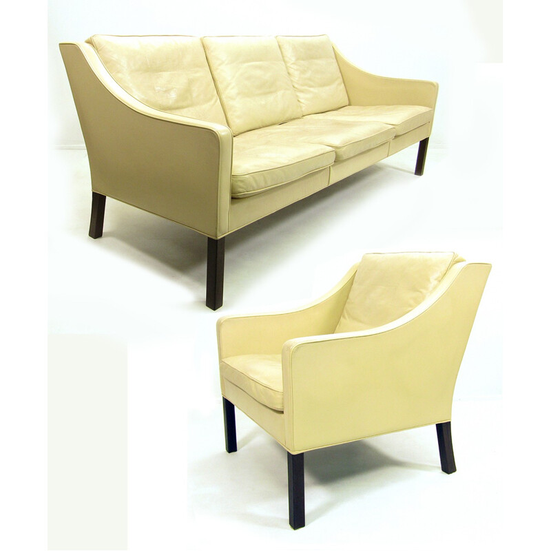 Set of Fredericia sofa and armchair in cream leather, Borge MOGENSEN - 1970s