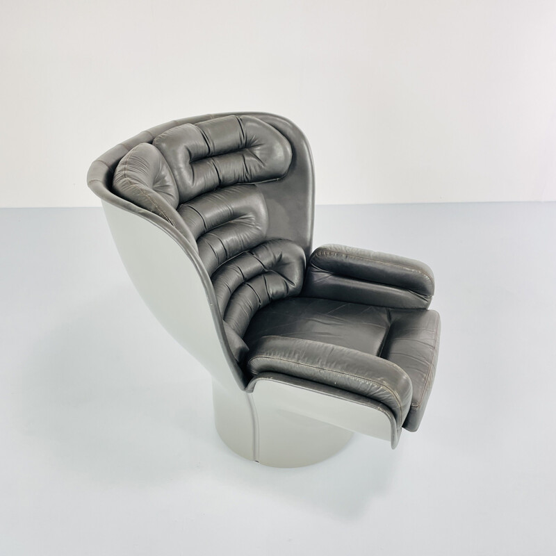 Vintage Elda armchair in grey fiberglass and brown leather by Joe Colombo for Comfort
