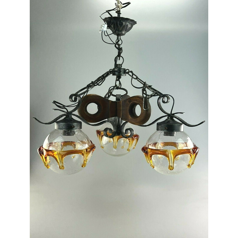 Vintage Brutalist pendant lamp in iron & Murano glass, 1960-1970s