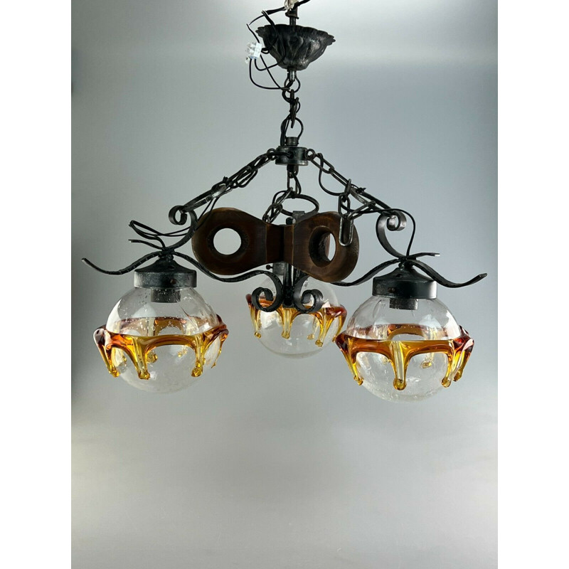 Vintage Brutalist pendant lamp in iron & Murano glass, 1960-1970s