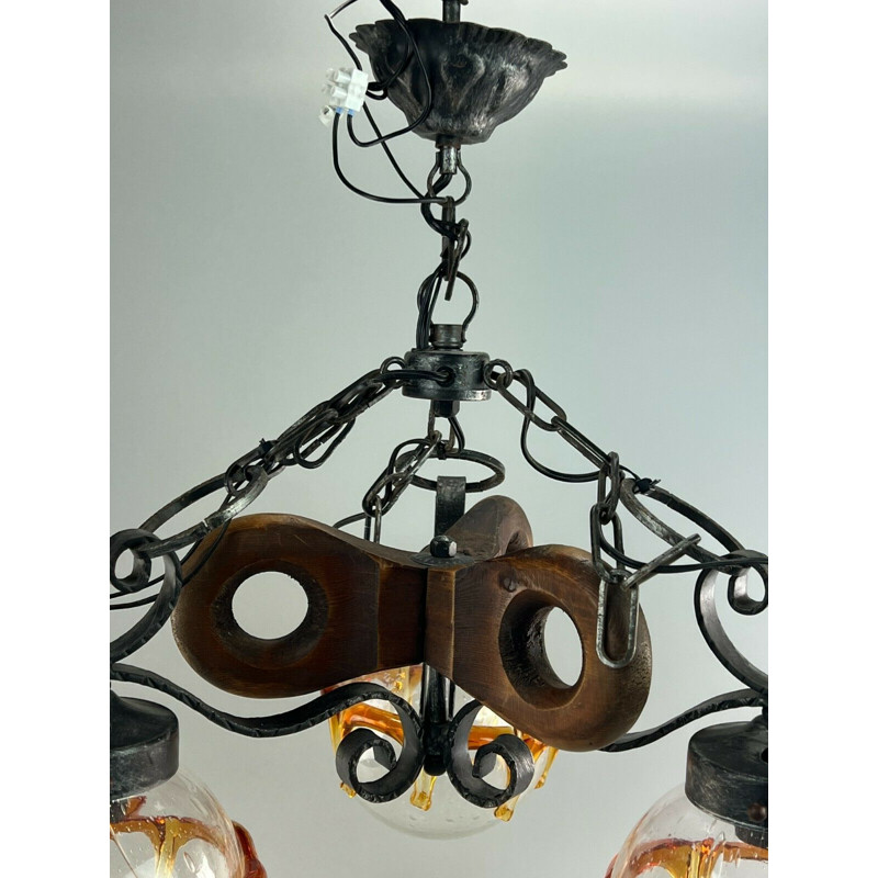 Vintage Brutalist pendant lamp in iron & Murano glass, 1960-1970s