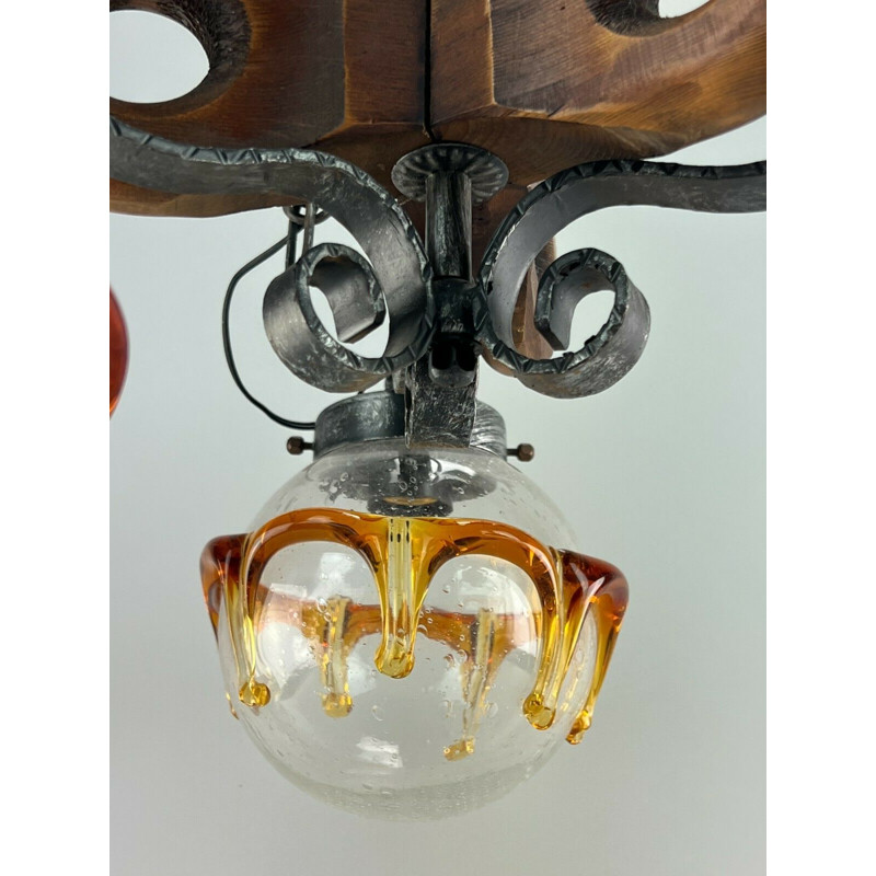 Vintage Brutalist pendant lamp in iron & Murano glass, 1960-1970s