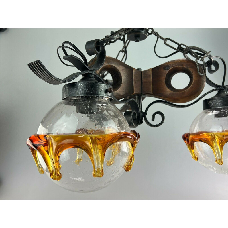 Vintage Brutalist pendant lamp in iron & Murano glass, 1960-1970s