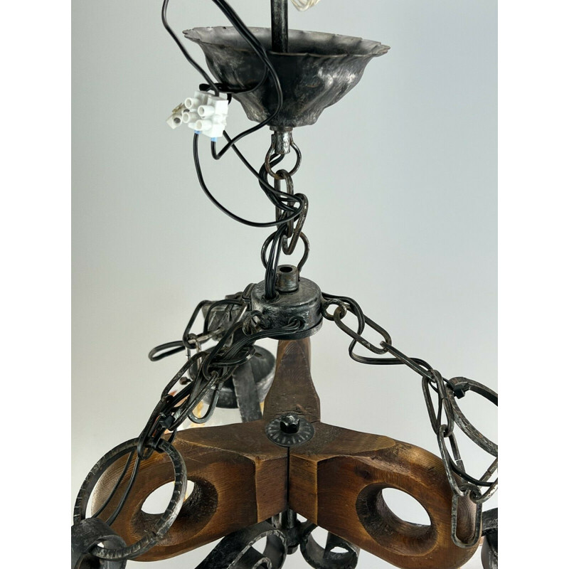 Vintage Brutalist pendant lamp in iron & Murano glass, 1960-1970s