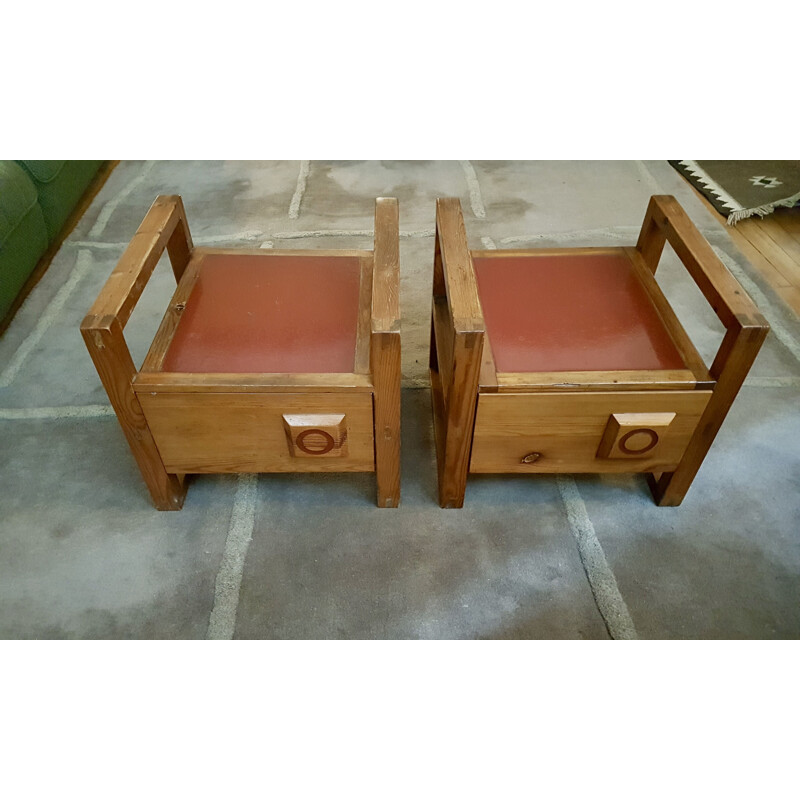 Pair of vintage bedside tables in solid elm, France 1950