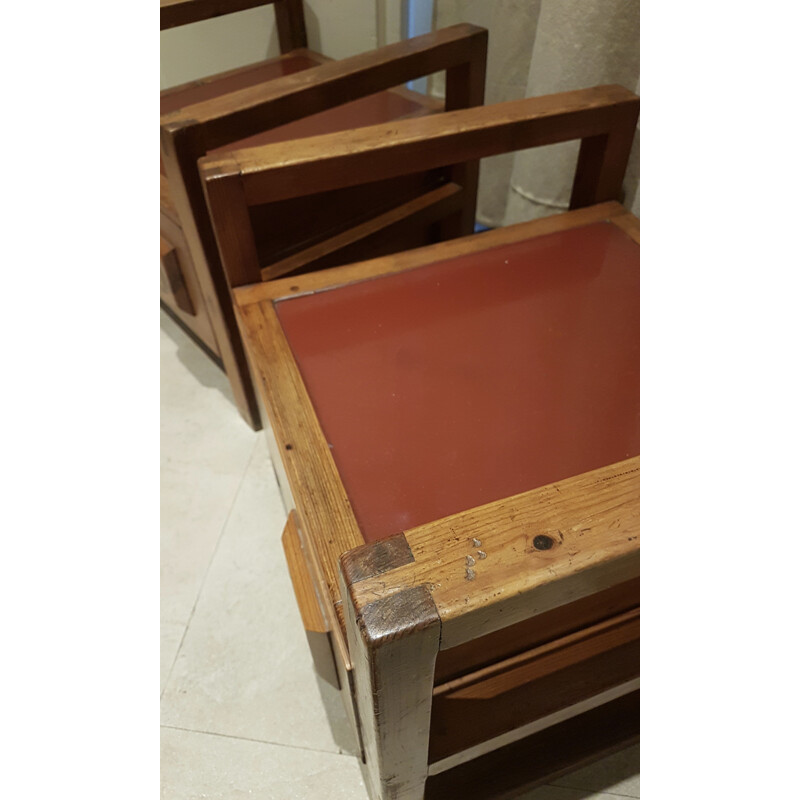 Pair of vintage bedside tables in solid elm, France 1950