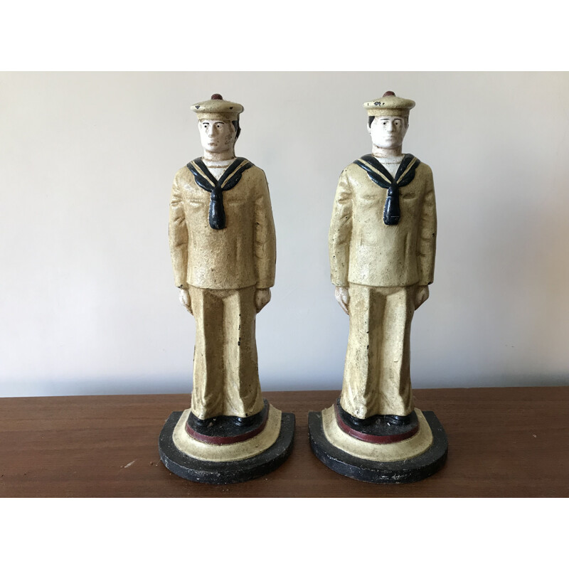 Pair of vintage bookends representing American sailors in cast iron, 1950