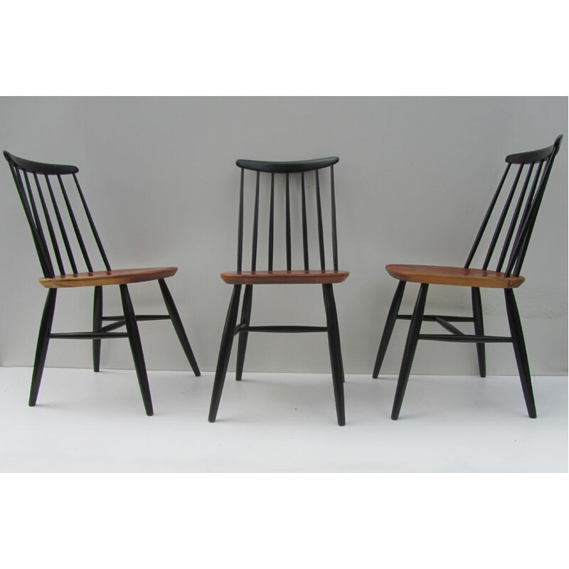 Set of 3 dining chairs with spindle back in wood - 1950s
