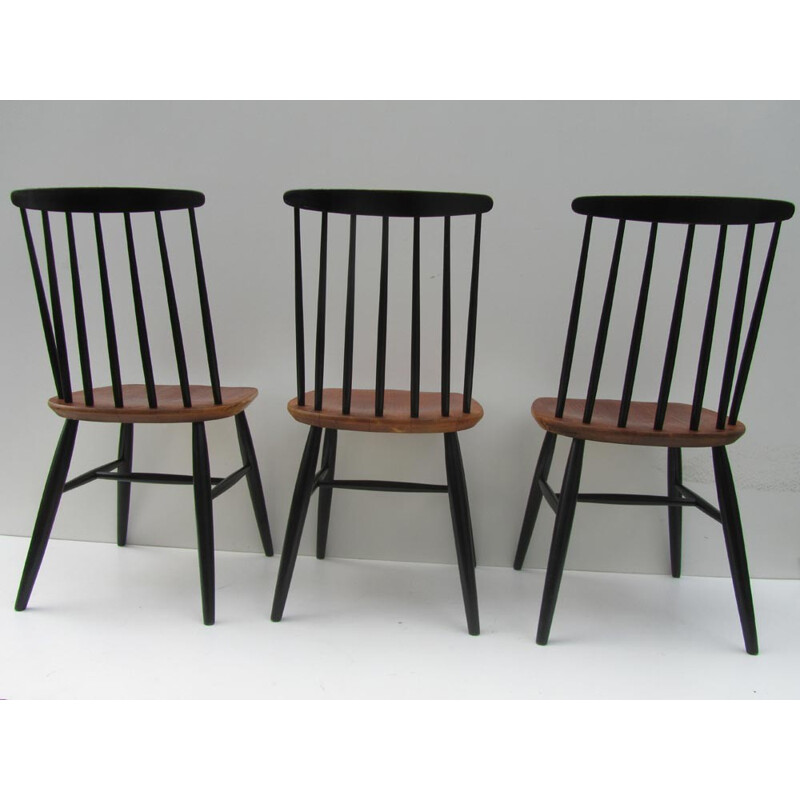 Set of 3 dining chairs with spindle back in wood - 1950s