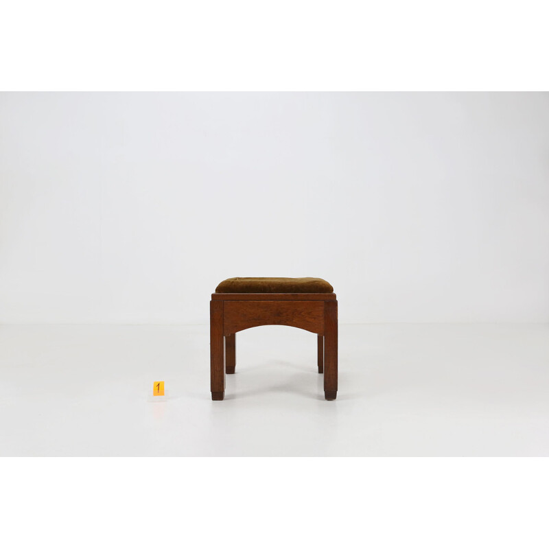 Art Deco vintage velvet and oak wood stool, 1930s