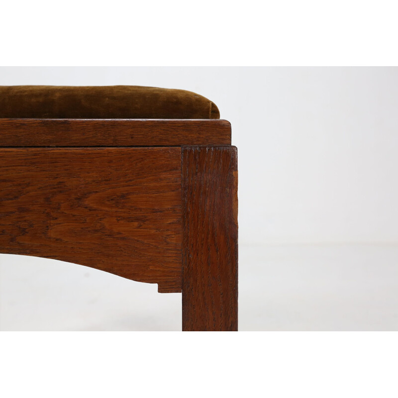 Art Deco vintage velvet and oak wood stool, 1930s
