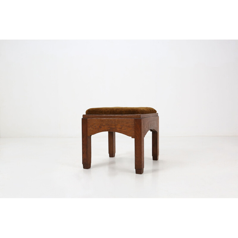 Art Deco vintage velvet and oakwood stool, 1930s