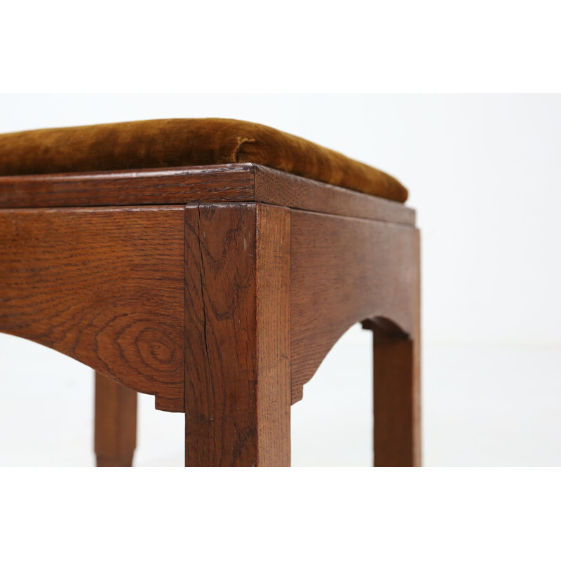 Art Deco vintage velvet and oakwood stool, 1930s