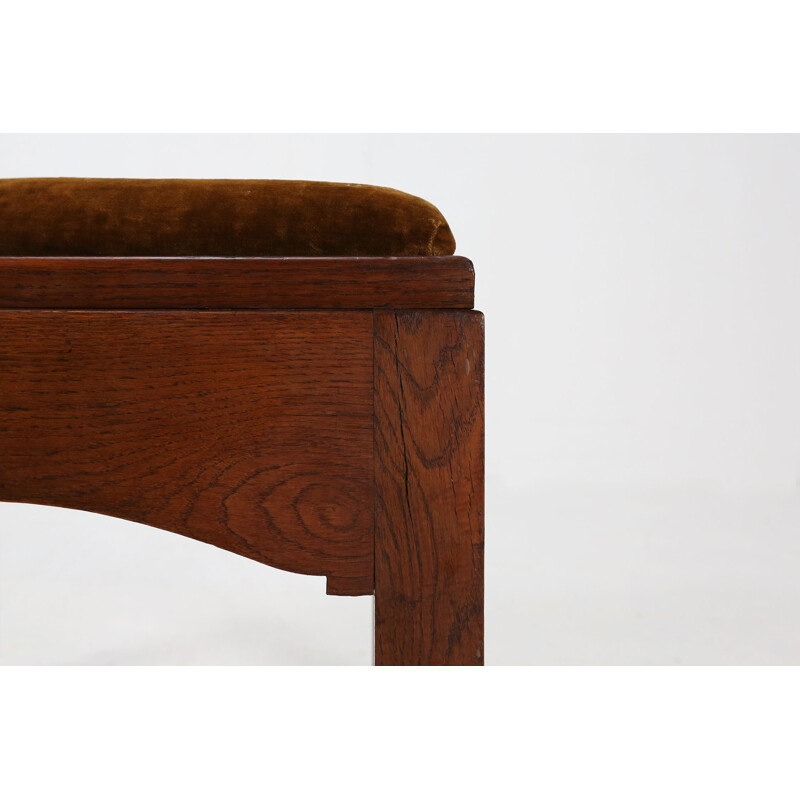 Art Deco vintage velvet and oakwood stool, 1930s