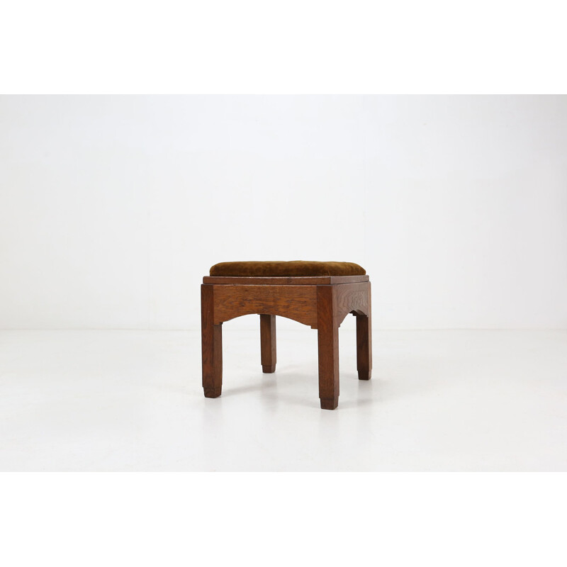 Art Deco vintage velvet and oakwood stool, 1930s