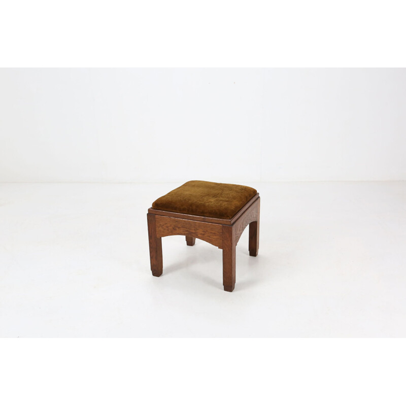 Tabouret Art Déco vintage en velours et bois de chêne, 1930