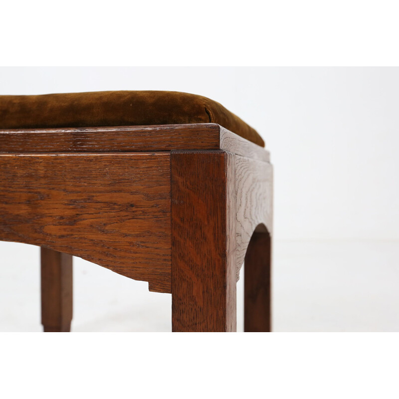 Tabouret Art Déco vintage en velours et bois de chêne, 1930