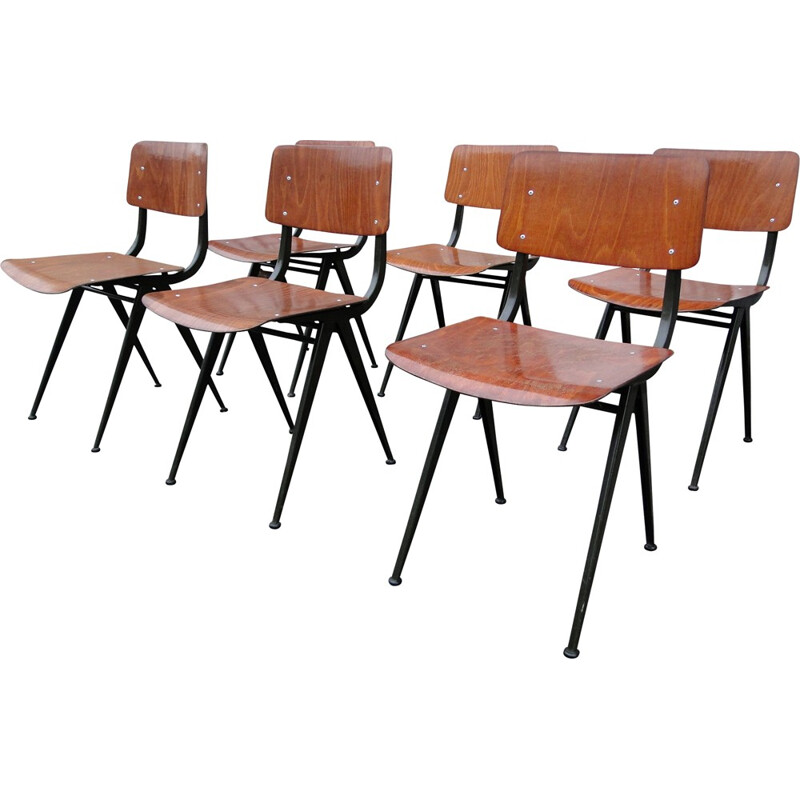 Ensemble de 6 chaises en bois et acier noir, Friso KRAMER - 1950