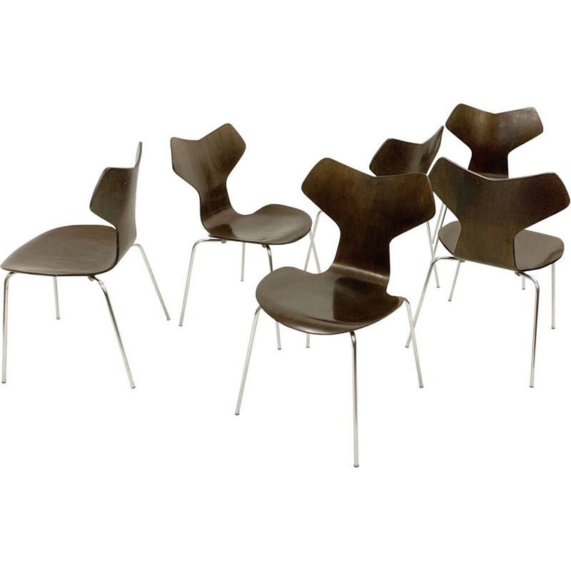 Set of 6 mid-century wood and metal dining chairs by Arne Jacobsen for Fritz Hansen, Denmark 1960s