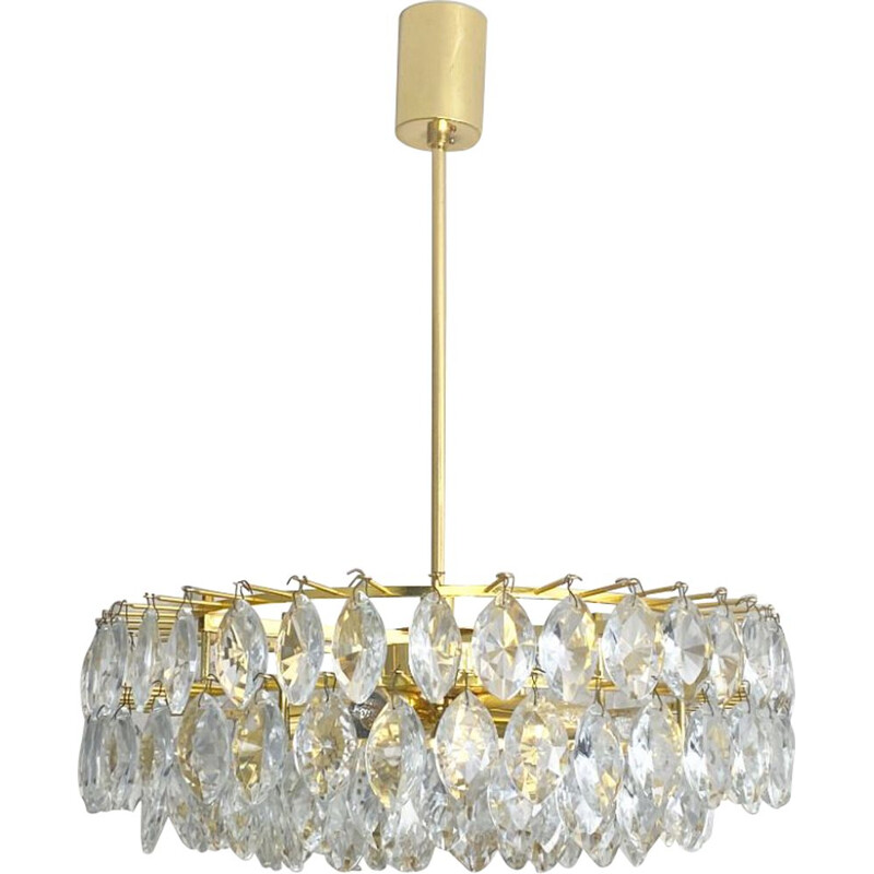 Vintage gold plated brass chandelier with 129 crystal glass by Bakalowits and Sons, Austria