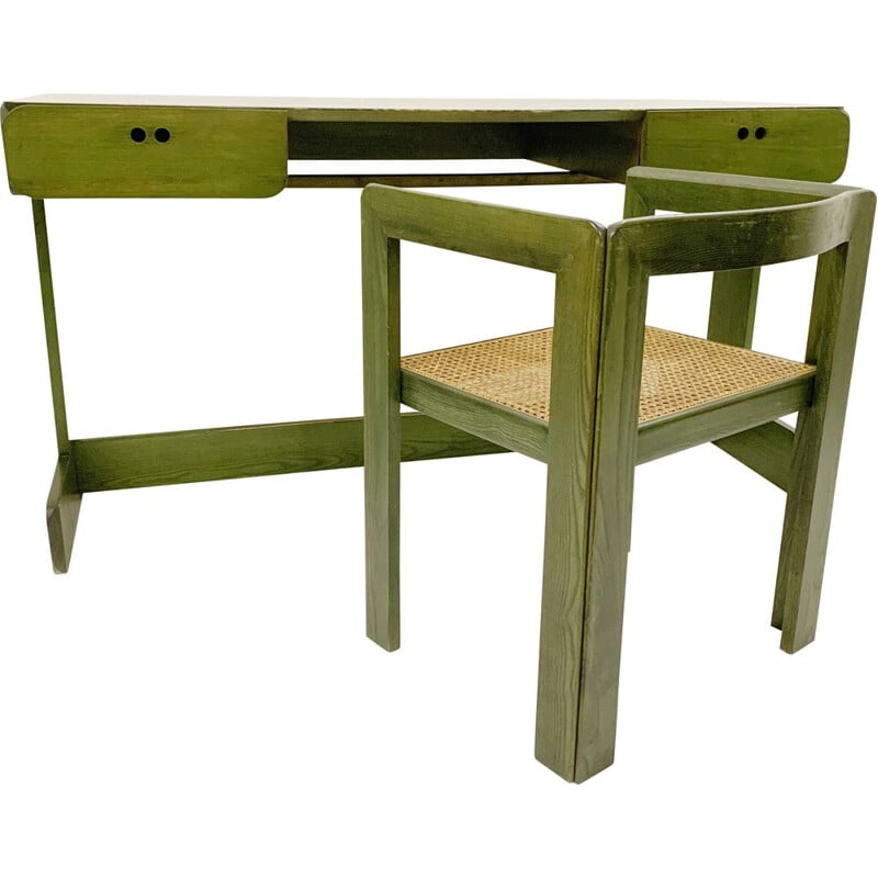 Mesa de madeira verde Vintage com cadeira por Derk Jan de Vries, Holanda 1960