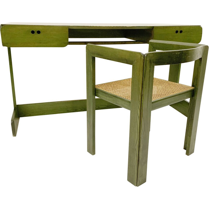 Escritorio vintage de madera verde con silla de Derk Jan de Vries, Países Bajos 1960