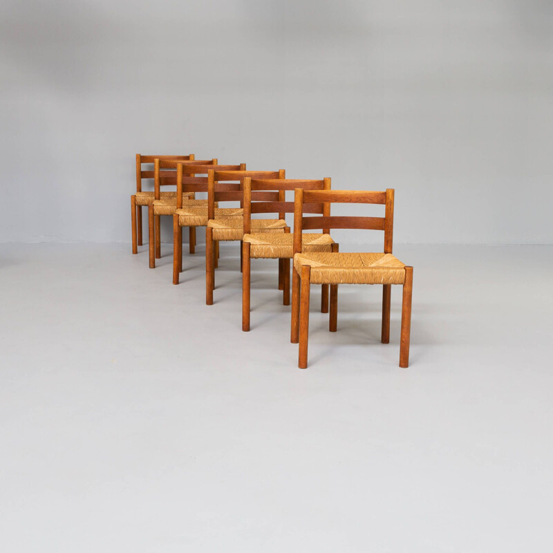 Ensemble de 6 chaises vintage en chêne et osier, 1970